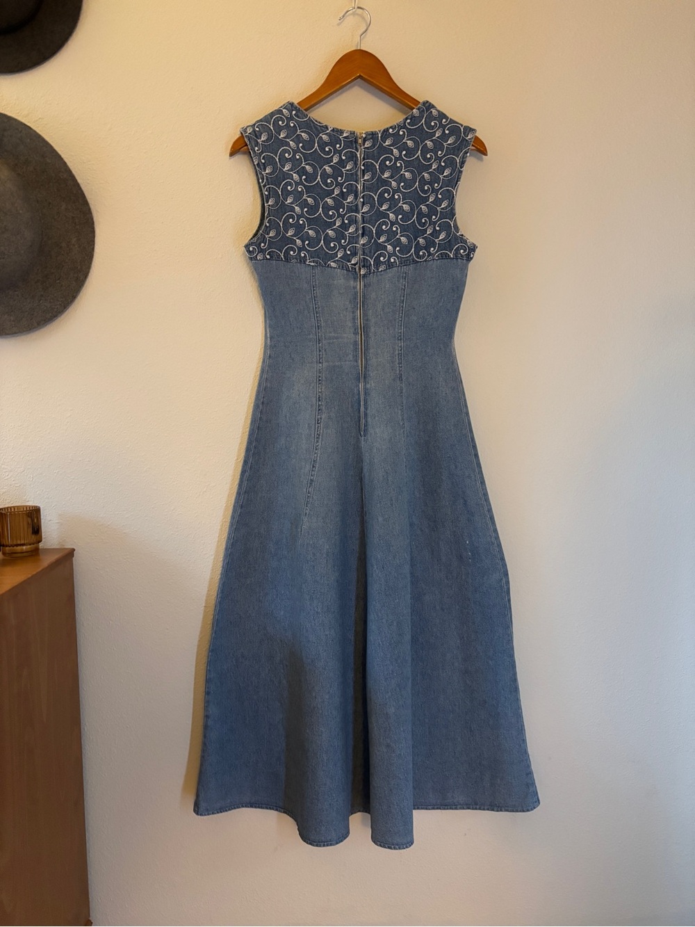 Vintage 90s Denim Midi Dress Embroidered Western Prairie Jean Cowgirl Size 4-6 - Picture 11 of 16